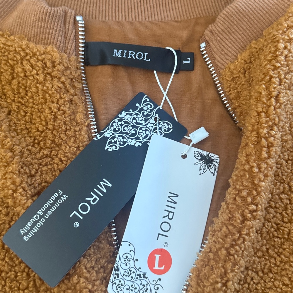 MIROL NWT sherpa teddy bomber style jacket camel color Large - Picture 3 of 6